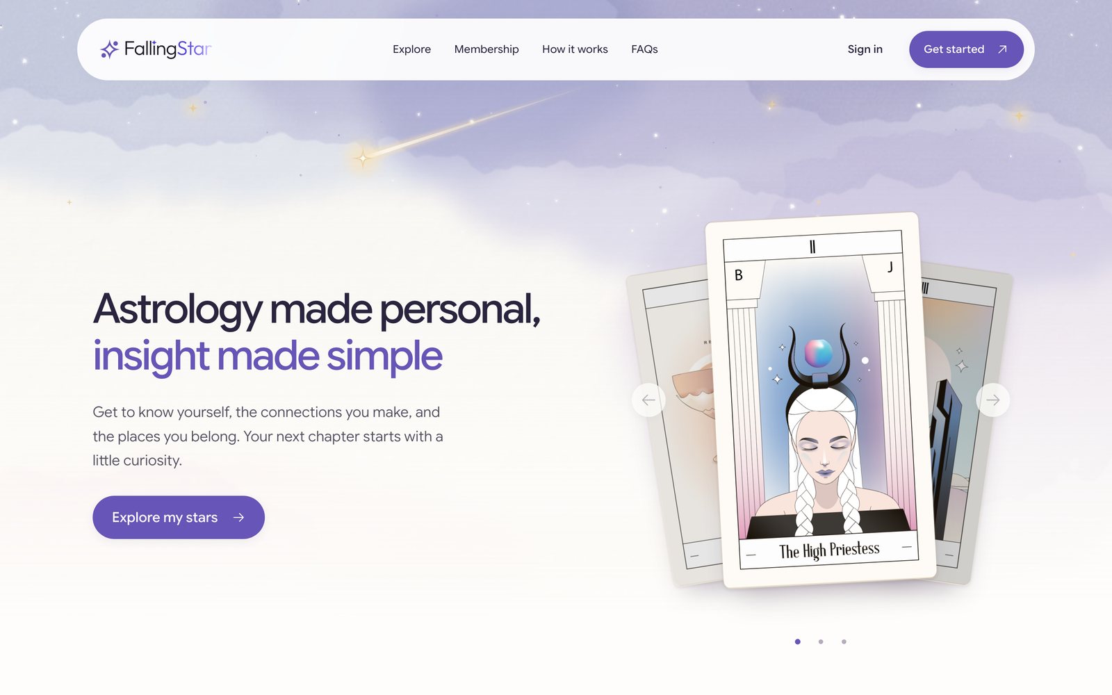 FallingStar homepage: Astrology made personal, insight made simple, with illustrated tarot cards