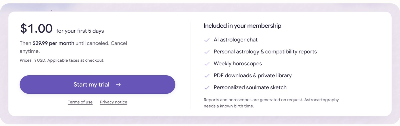 FallingStar trial offer as shown on fallingstar.app: USD 1.00 for your first 5 days, then USD 29.99 per month until canceled, with the membership features listed